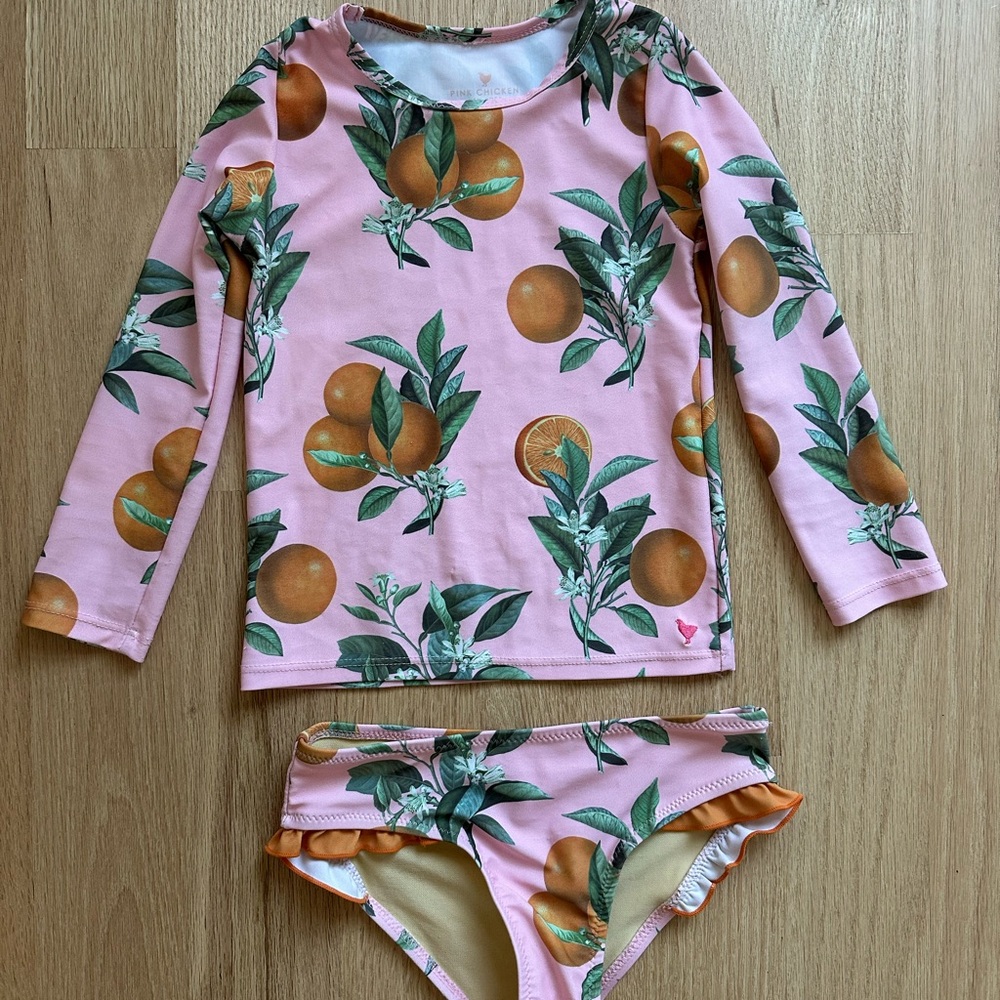 Pink Chicken Pink and Orange Citrus Rashguard Two-Piece Swim Set